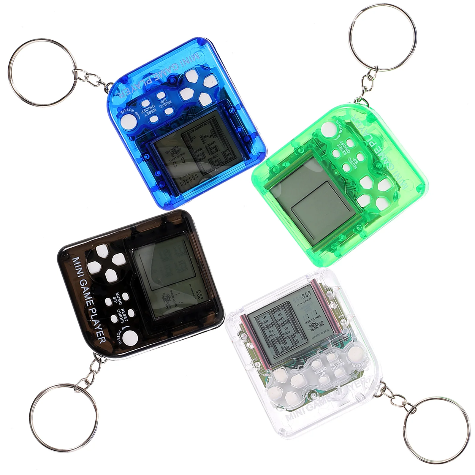 

4pcs Video Game Keychains Mini Electronic Gaming Machine Plastic Key Ring Creative Pendant Transparent White Black Blue Green