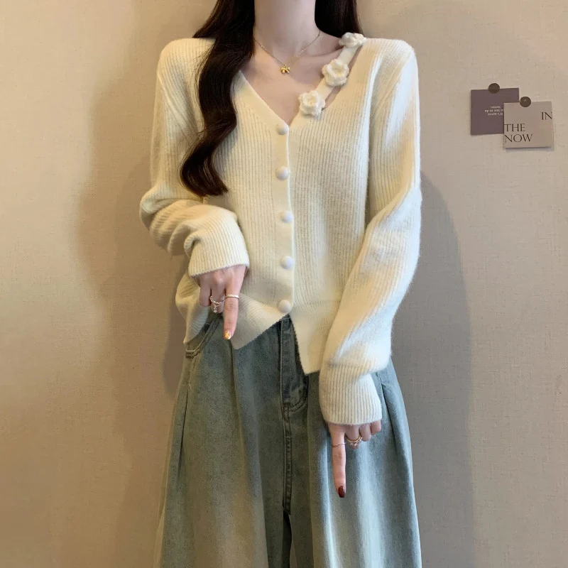 

Harajuku трехмерный розовый кардиган с v-образным вырезом, однобортный однотонный трикотаж, весенне-осенний повседневный утягивающий топ с длинными рукавами