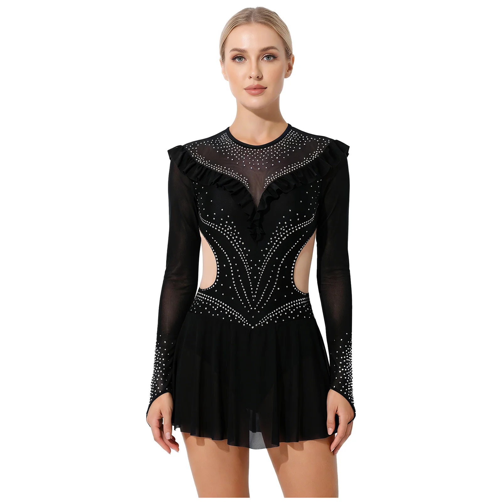 

Womens Figure Skating Bodysuit Dress Rhinestone Mesh Ruffled Trims Long Sleeve Leotard Jumpsuit for Gymnastics Latin Dance Waer