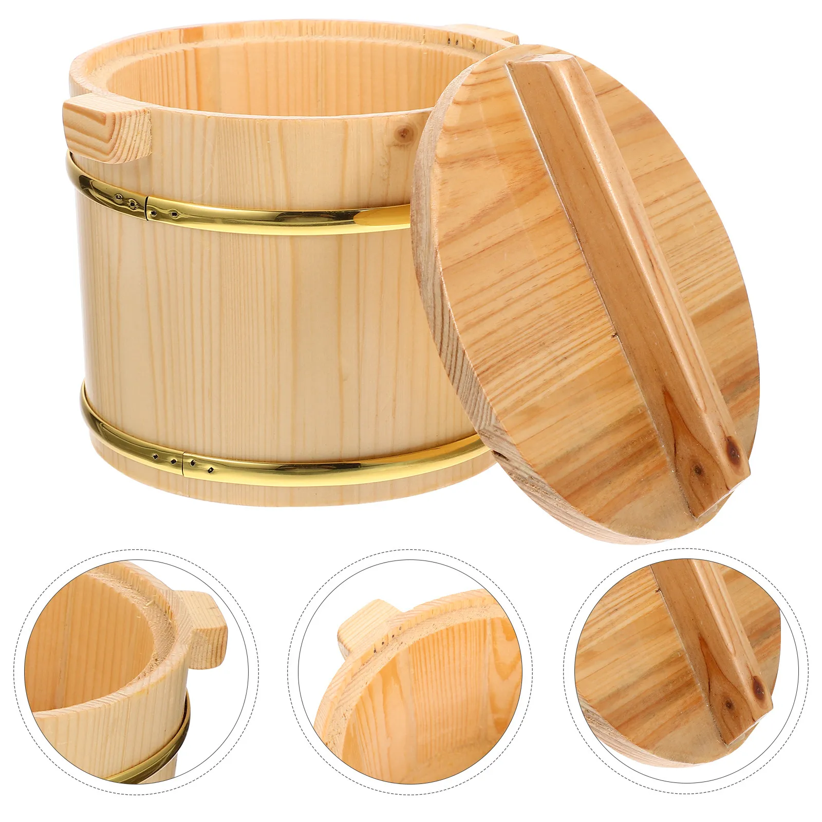 1Set Wooden Rice Bucket Simple Round Design Large Open Sushi Rice Mixing Bucket Restaurant Serving Container Sashimi Barbecue