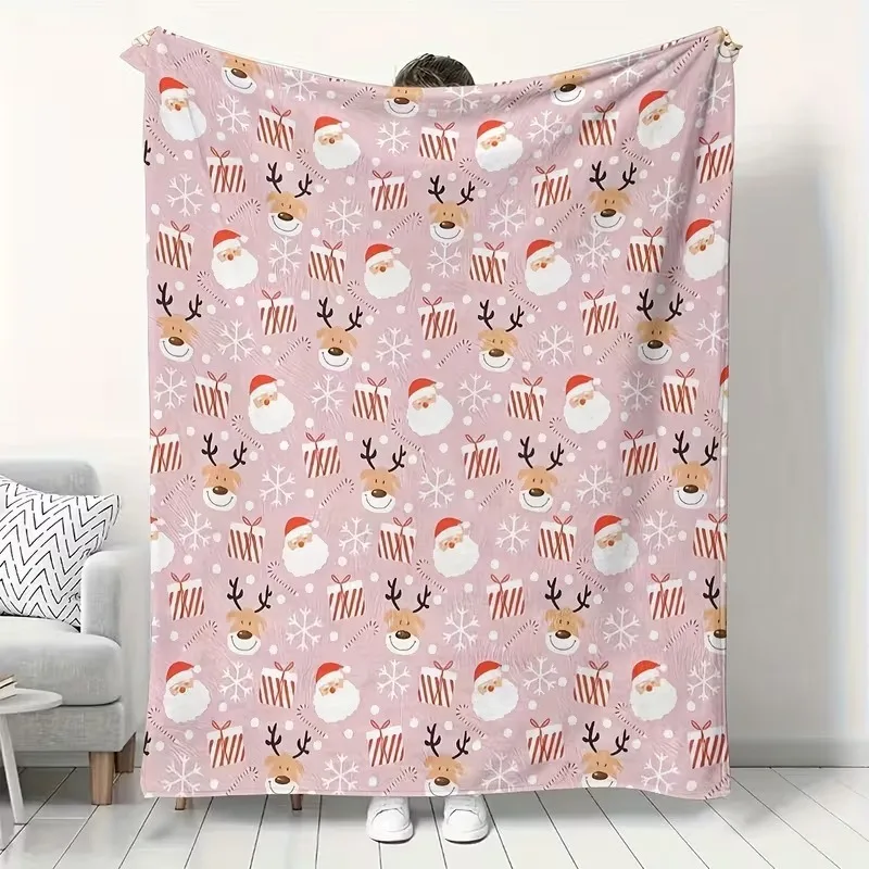Christmas Throw Blanket Light‑Pink Background Santa Claus Reindeer Gift Box Snowflake Seamless Print Soft Decor Blanket