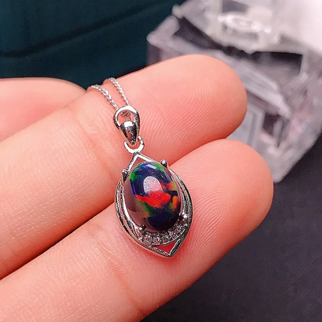 

7*9 натуральный черный опал лист кулон ожерелья из чистого серебра 925 пробы красочный камень изысканные свадебные украшения для женщин