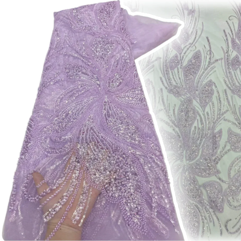 

Gorgeous Colorful Women Wedding Party Dress Lace Fabric Handmade Beaded Embroidery Full Sequins African High Quality Fabric 2586