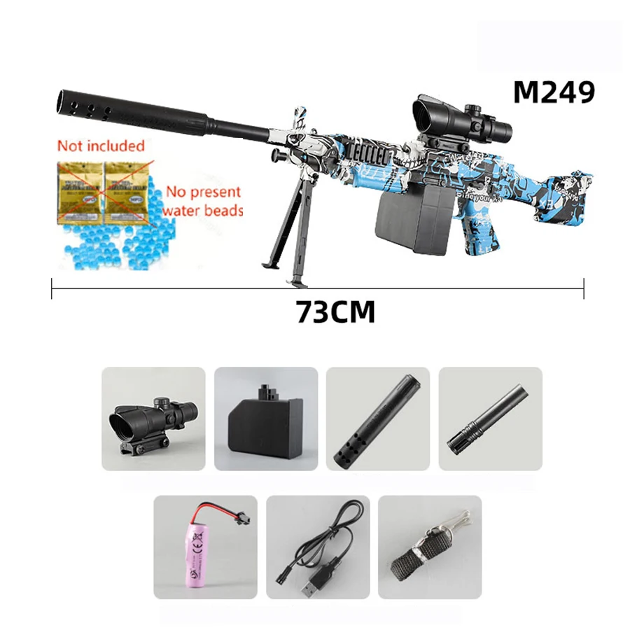Nouveau modèle de pistolet jouet à Gel électrique M249, cadeau de fête des enfants pour garçon avec batterie 3.7V et câble de chargement USB