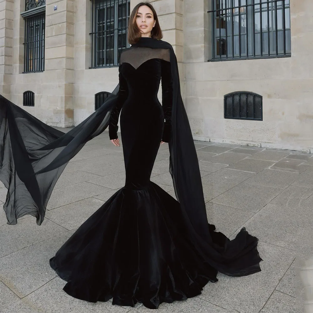 ชุดราตรีทรงเมอร์เมดแขนยาวแบบสั่งตัดสไตล์ซาอุดิอาระเบีย คอทรงโอ ยาวกรอมพื้น สำหรับงานเลี้ยงอย่างเป็นทางการ