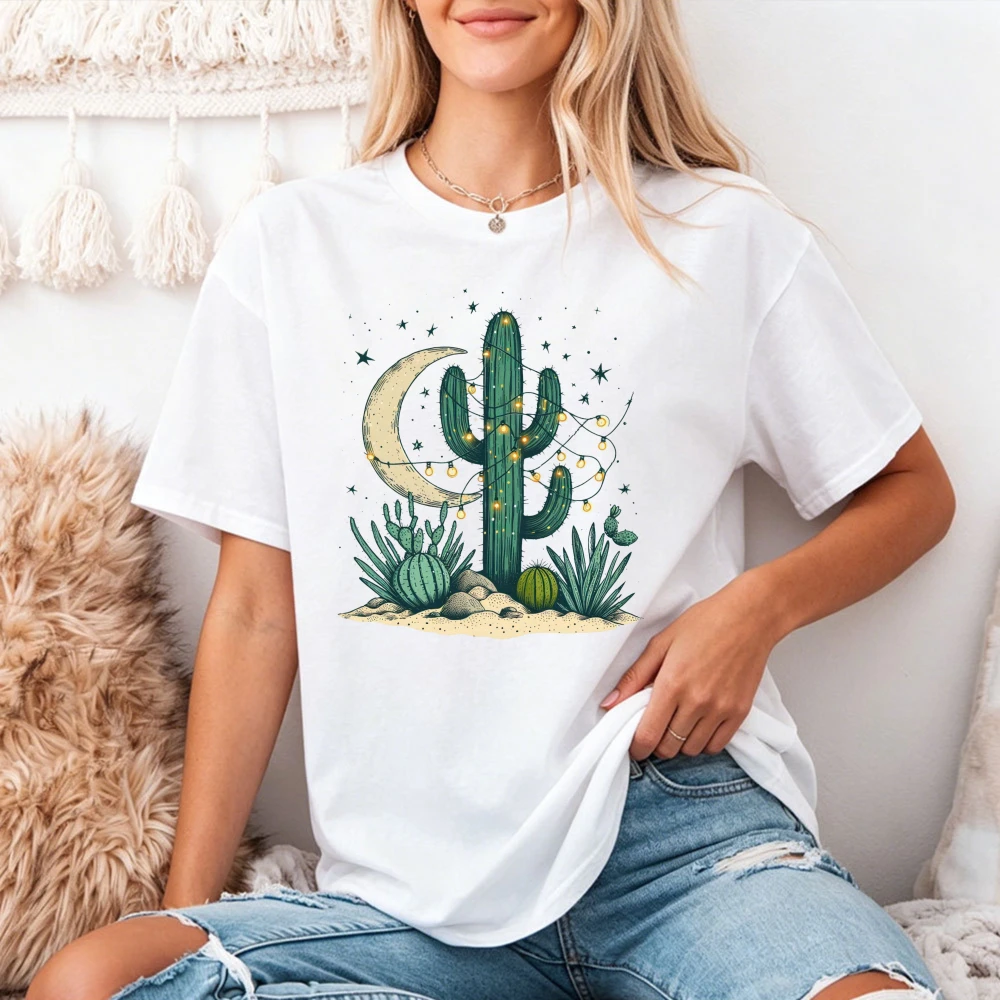 Boho Cactus With String Lights And Moon T Shirt Women Summer Desert Night Landscape Tee Artistic Plant Lover Shirt