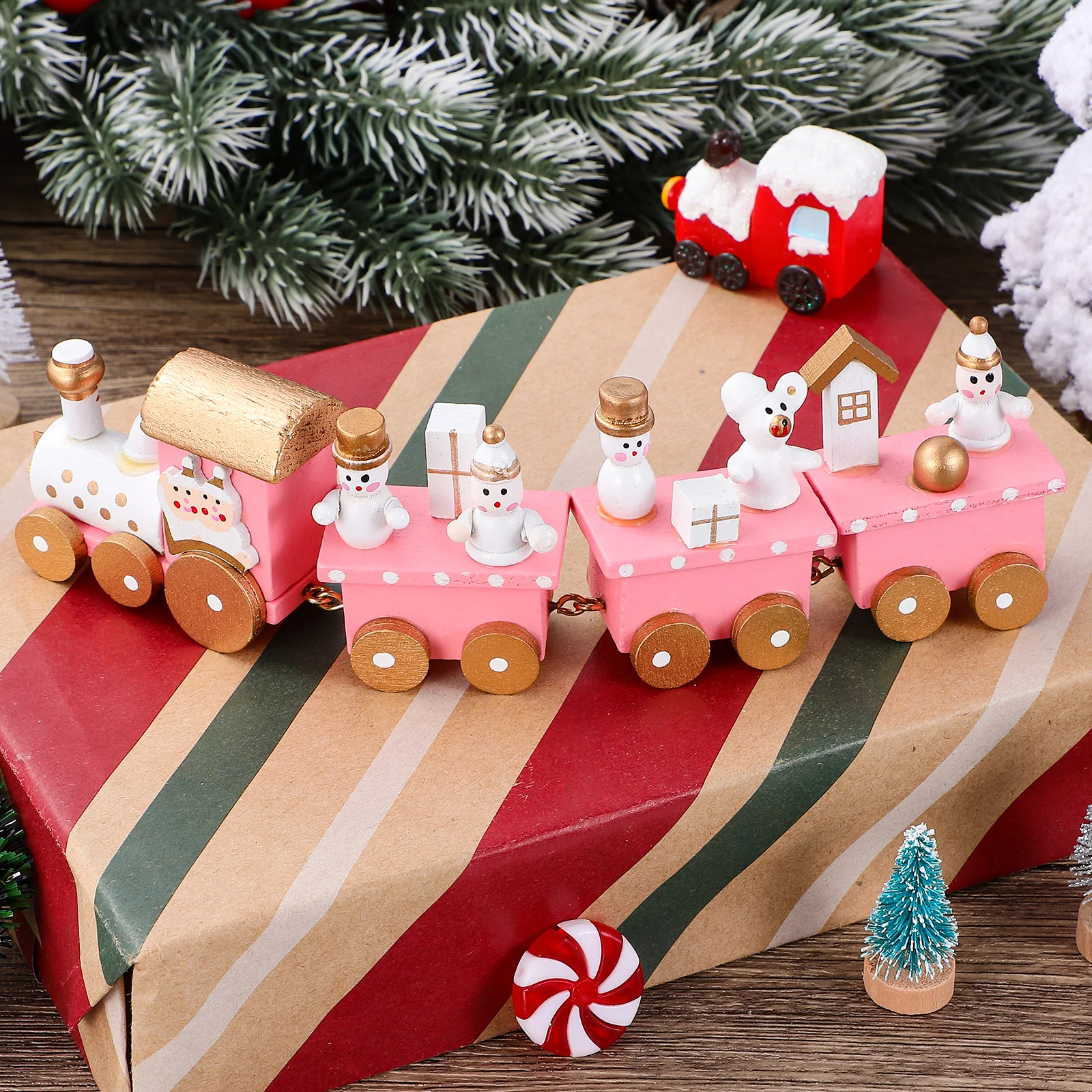 

Pink Wooden Train Christmas Decor Safe Sturdy Kids Toy Exquisite Appearance Fine Craftsmanship Holiday nament Desktop Adornment