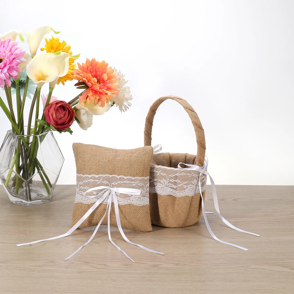 

Burlap Jute Lace Wedding Basket Ring Bearer Pillow Rustic Country Style Bridal Elegant Retro