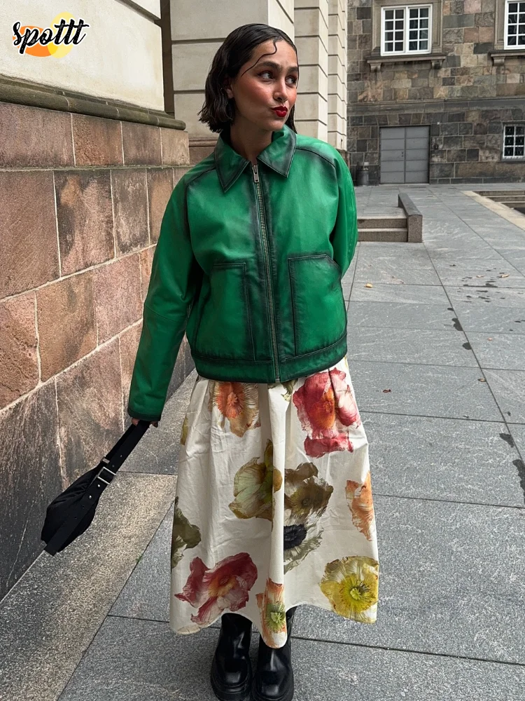 

Vintage Green Lapel Bomber Jacket For Women Fashion Zipper Long Sleeve Loose Pockets Coats 2024 Autumn Lady Highstreet Outerwear