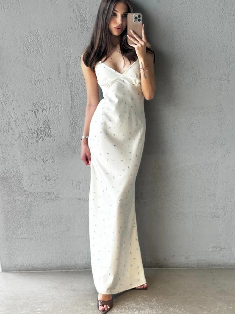 FDYOUI 花柄プリントロングドレス レディース Y2K ストリートウェア 2025 夏 ノースリーブ Vネック ハイウエスト スリット入り バケーション パーティー ドレス