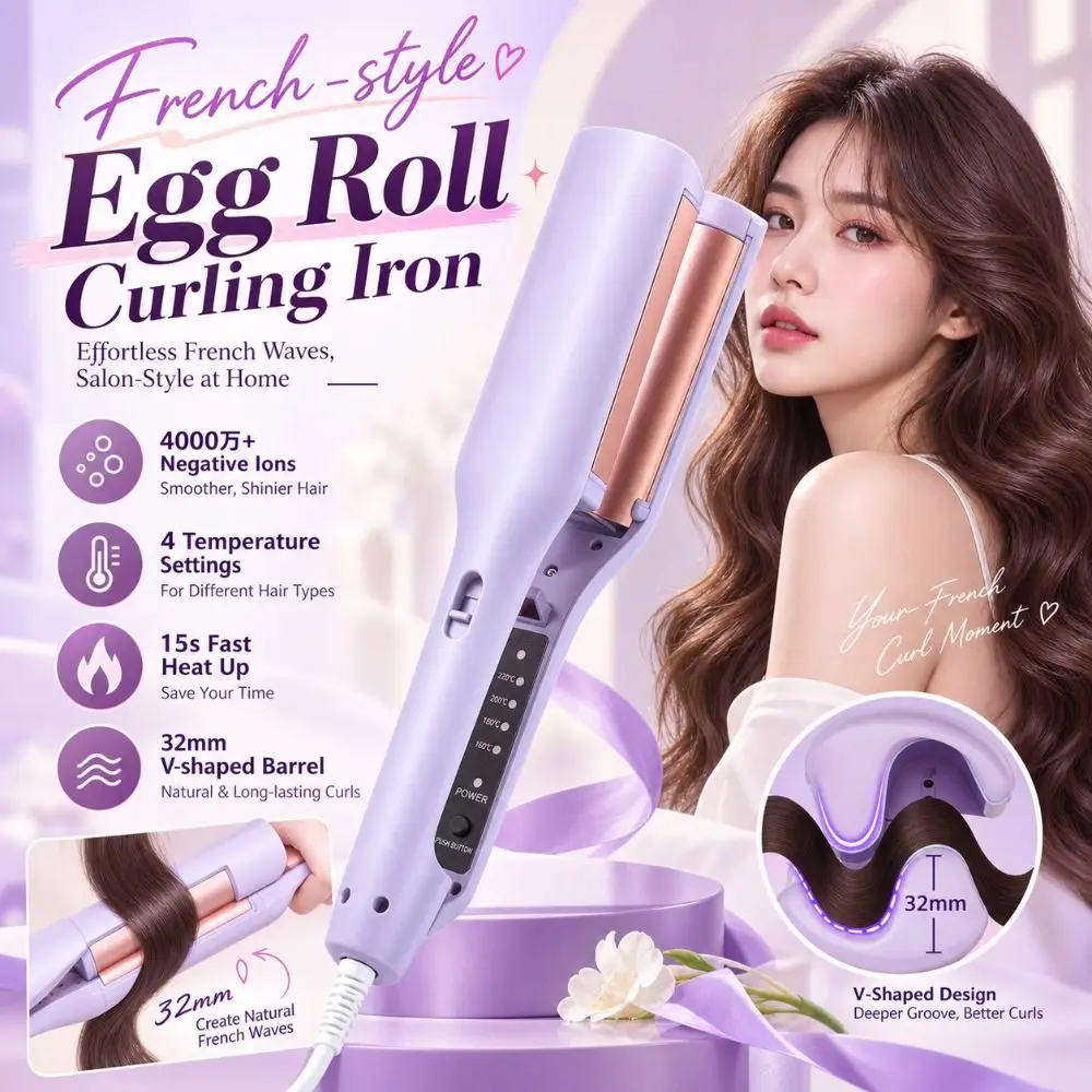 32mm French-style Egg Roll Curling Iron Negative Ion Function Portable Handle Hair Crimping Iron Purple Clamping