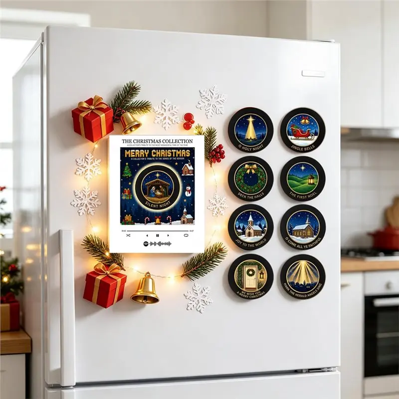 ABNM Xmas Magnetic Music Fridge Magnet Touch To Play Vinyl Record Player Built-In LED Night Light Christmas Fridge Magnet