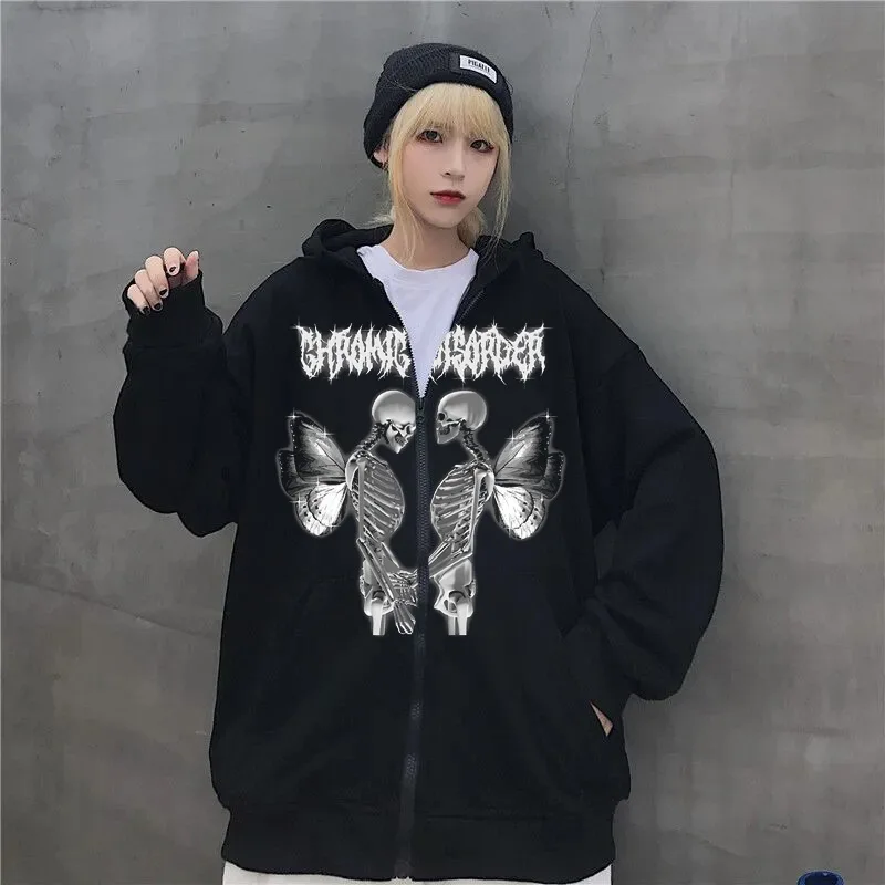 New product in stock Skeleton Wings Hooded Zipper Hoodie, Women's Korean Edition with Thick Velvet and Loose Sports Cardigan