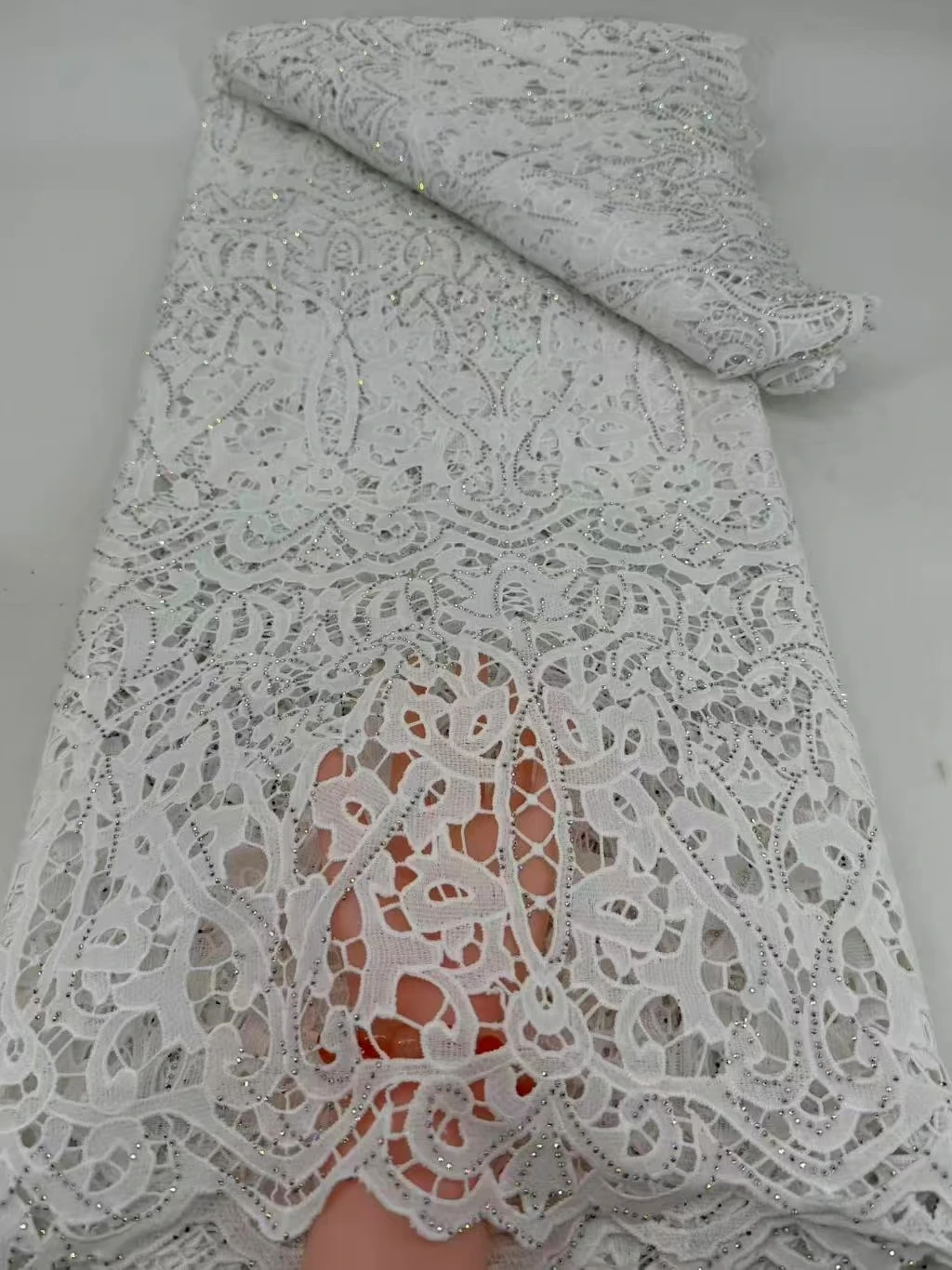 

African Guipre Stone Lace Fabrics 2026 High Quality French Embroidery White Lace Fabric For Nigerian Wedding Sewing 5Yads H118-1