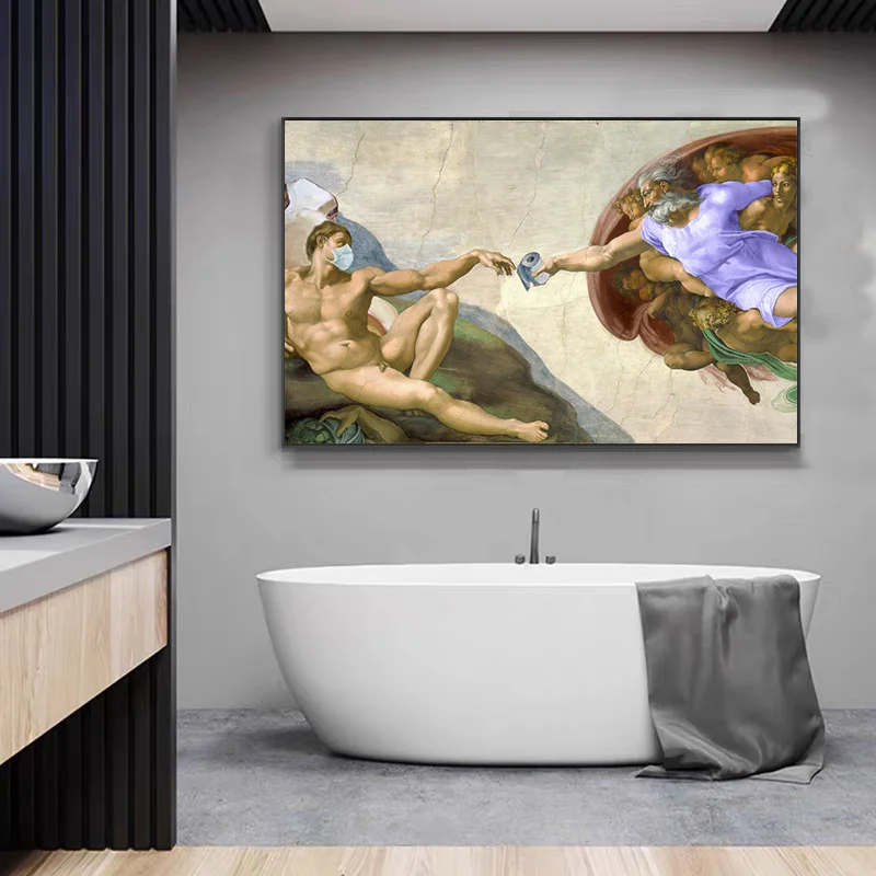 Toilet Paper Hand Sanitizer Funny Hand of God and Adam Mural Poster Prints Canvas Painting Wall Art Decor Wash Room Home Decor