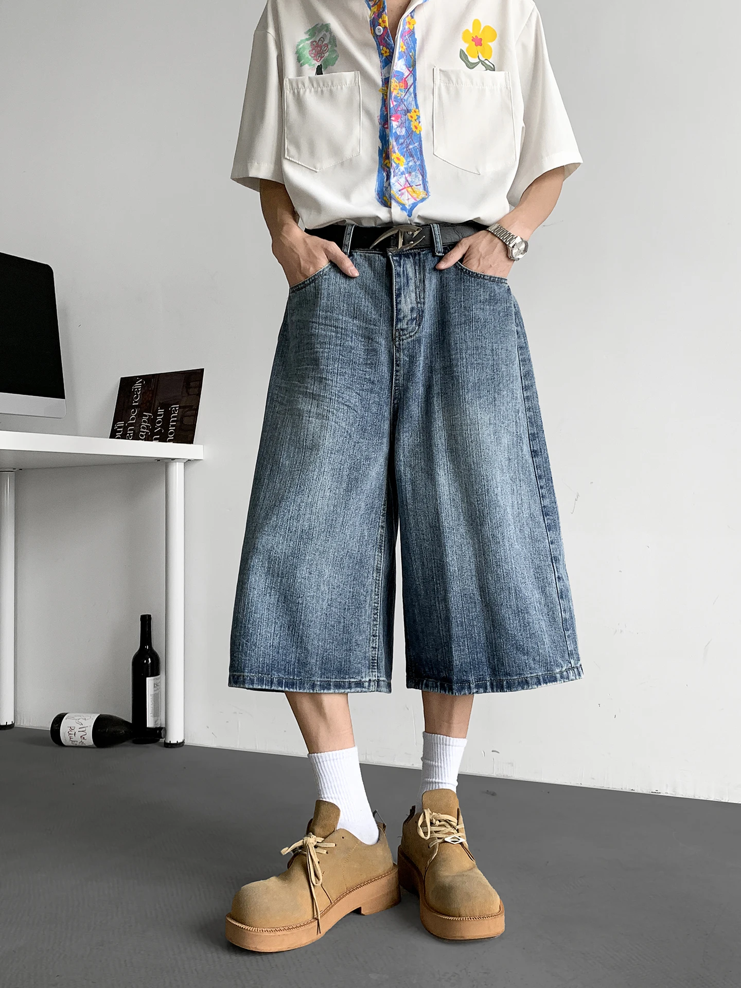 

Мужские джинсы в стиле ретро, длина 7/8, повседневные, свободные, прямые, выше колена, летние, в стиле High Street