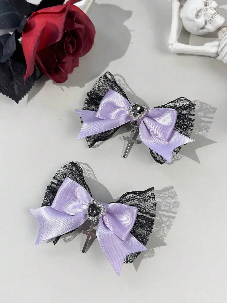 

2pcs Gothic Lace Ribbon Bow Hair Clips With Heart Cross Charm For Women