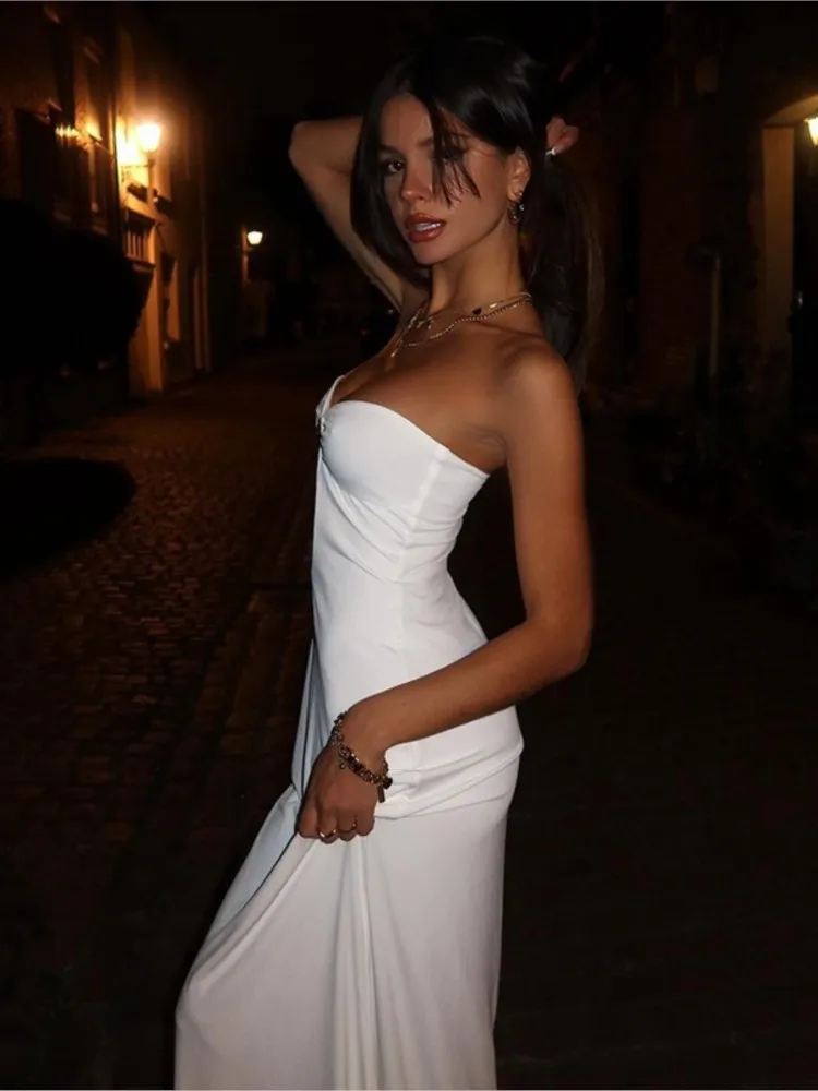 Sexy Strapless Cut Out Bodycon Maxi Dress Women Off Shoulder Backless Solid White Sundress Dresses Summer New Beach Y2K Clothe
