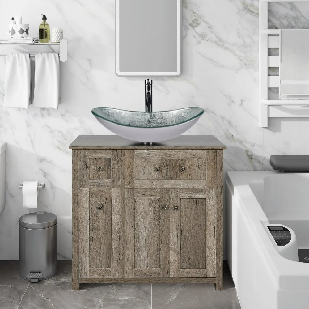 Bathroom Vanity, Modern Wood Fixture Stand Pedestal Bathroom Cabinet with Bathroom Boat Silver Glass Vessel Sink Top