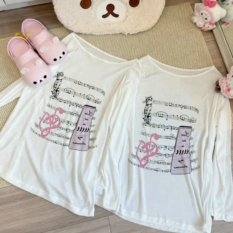 Kimotimo Japanese Cute Musical Note Cat Print White Tshirts Women Sweet Y2k Aesthetic Thin Long Sleeve Tops Casual Harajuku Tees
