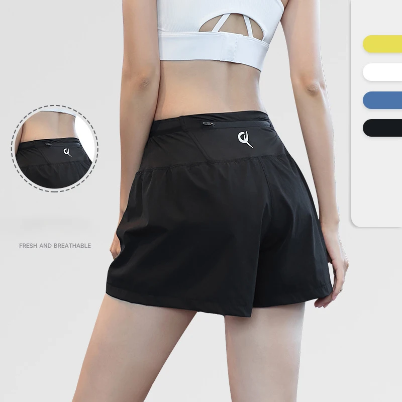 2 in 1 Women Breathable Sports Shorts with Inner Lining Elastic Waistband Phone Pocket Quick Dry Yoga Running Fitness Shorts