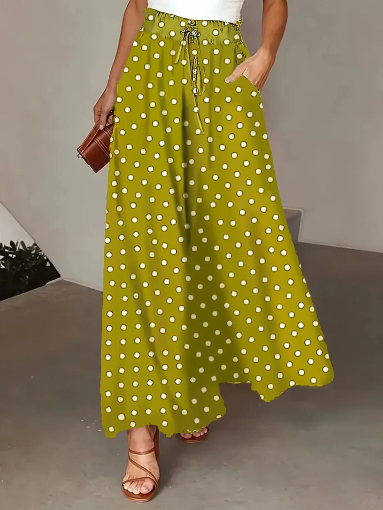 

Printed Lace Up Woman Trousers Casual Pocket Women's Wide Leg Pants Fashionable High Street Bohemian Style Summer Daks