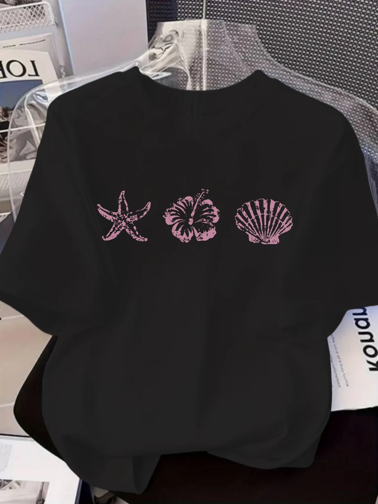 Starfish Shell Graphic T-Shirt Ocean Beach Style Hibiscus Flower Print Tee Summer Harajuku Casual White Tops Women