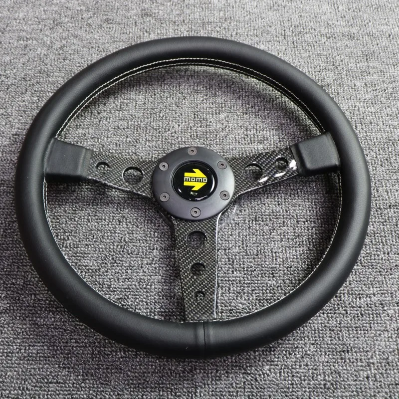 Car Modification sports Black leather Steering Wheel 350mm Racing Carbon fiber frame Steering Wheel Universal ﻿