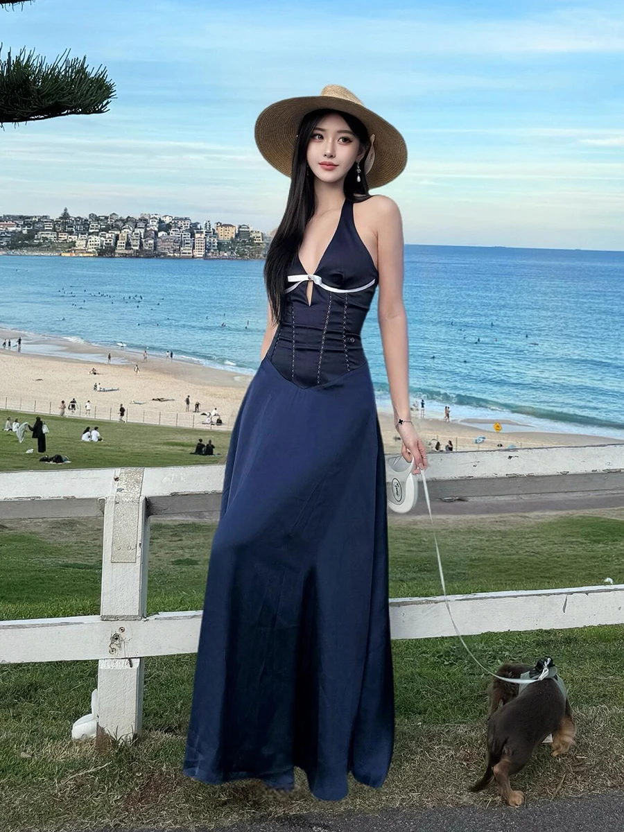 Reddachic arco mergulhando feminino maxi vestido longo cetim azul marinho com tiras halter oco decote em v sem costas formal vestido de festa de baile