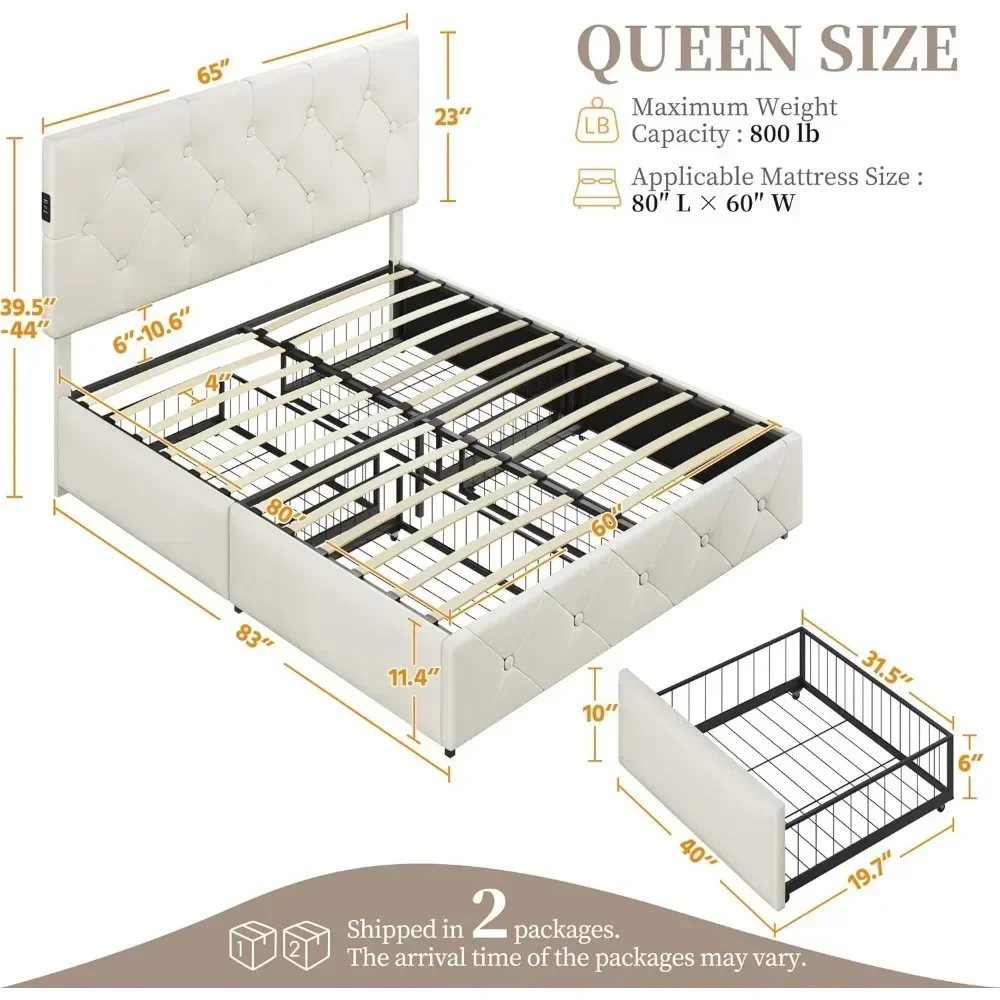 Queen Size Upholstered Bed Frame Ports for Type A & Type C/4 Storage Drawers/Adjustable Headboard, Black Bed Bases image 6
