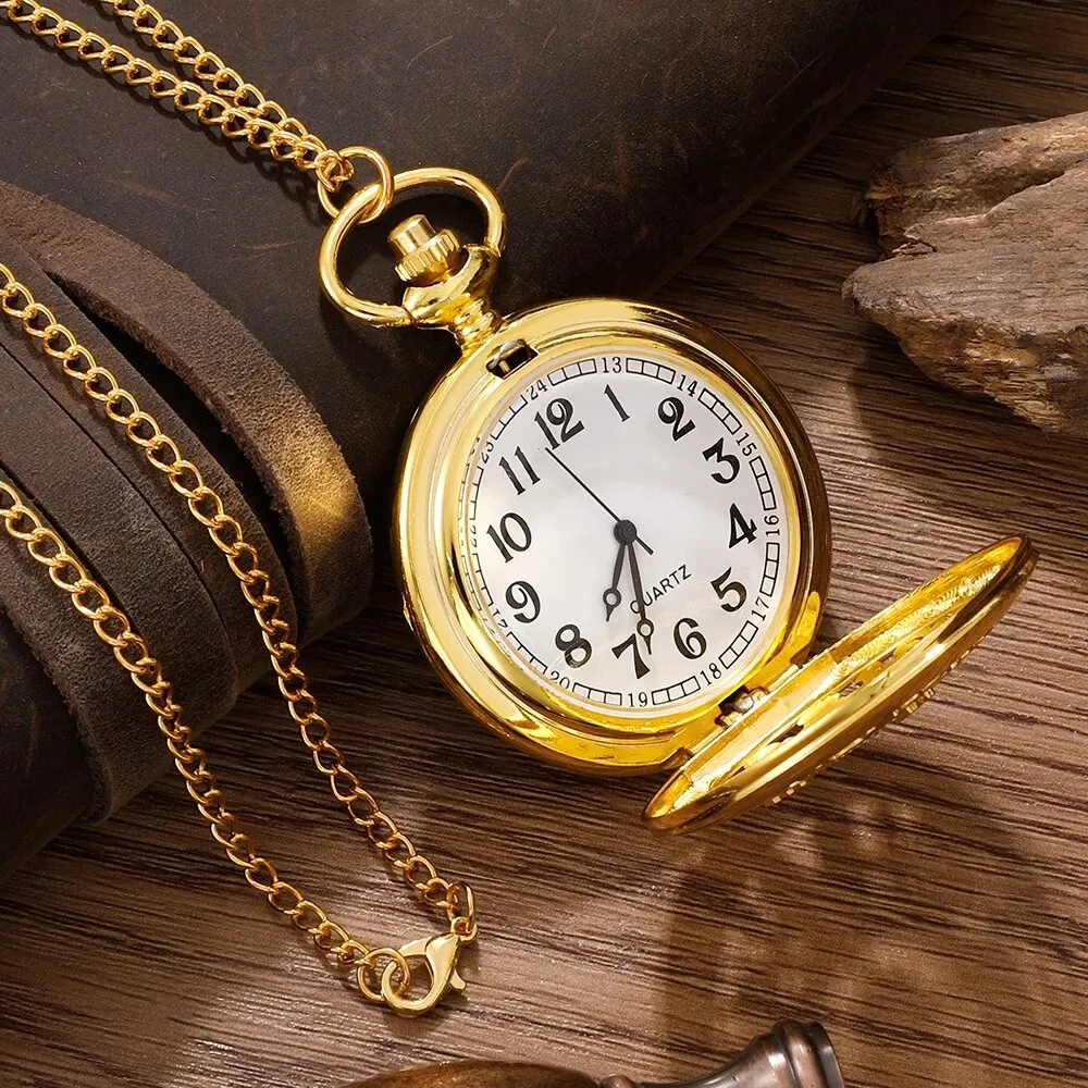 Antique Steampunk Vintage Arabic Numerals Quartz Pocket Watch Gold Case Necklace Pendant Clock Chain Mens Women