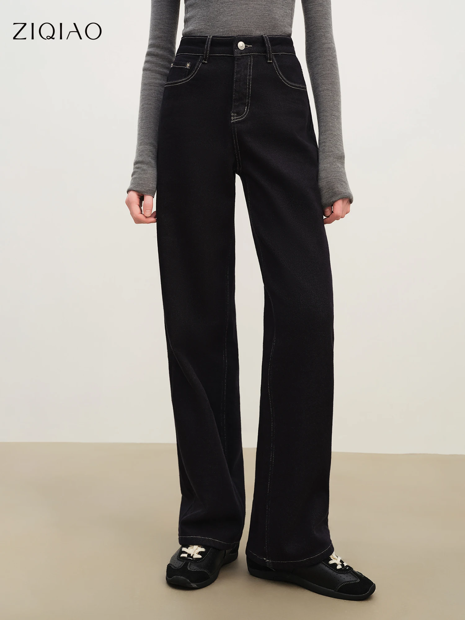ZIQIAO 2025 Women's Retro Straight Leg Jeans - High Waist Brushed Denim Pants for Autumn Winter Warmth and Comfort