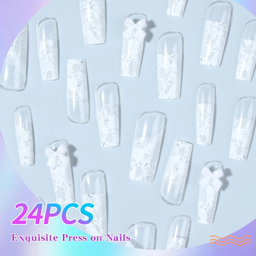 24個の長方形3D樹脂製ボウレース柄付け爪セット、1個のジェリージェルと1個のネイルファイルが含まれ、理想的なネイルアートデコレーション