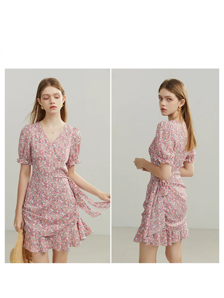 FSLE 2022 Summer New French Gentle Wind Women\'s Floral Dress V-neck Mini Chiffon Skirt Long Dress Female Holiday Sense
