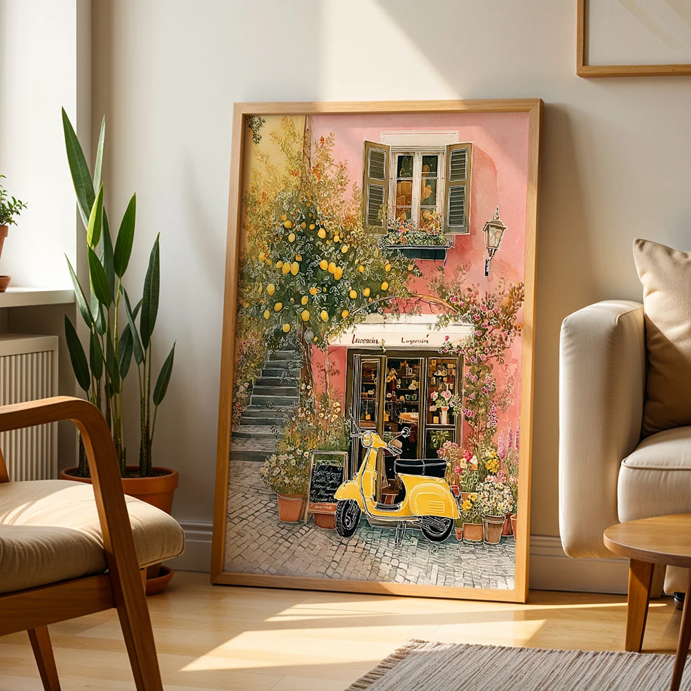 Southern Europe Town Street With Scooter & Lemon Tree Canvas Poster Wall Art,2D Print Wall Decor,Home Decor Gift For Living Room