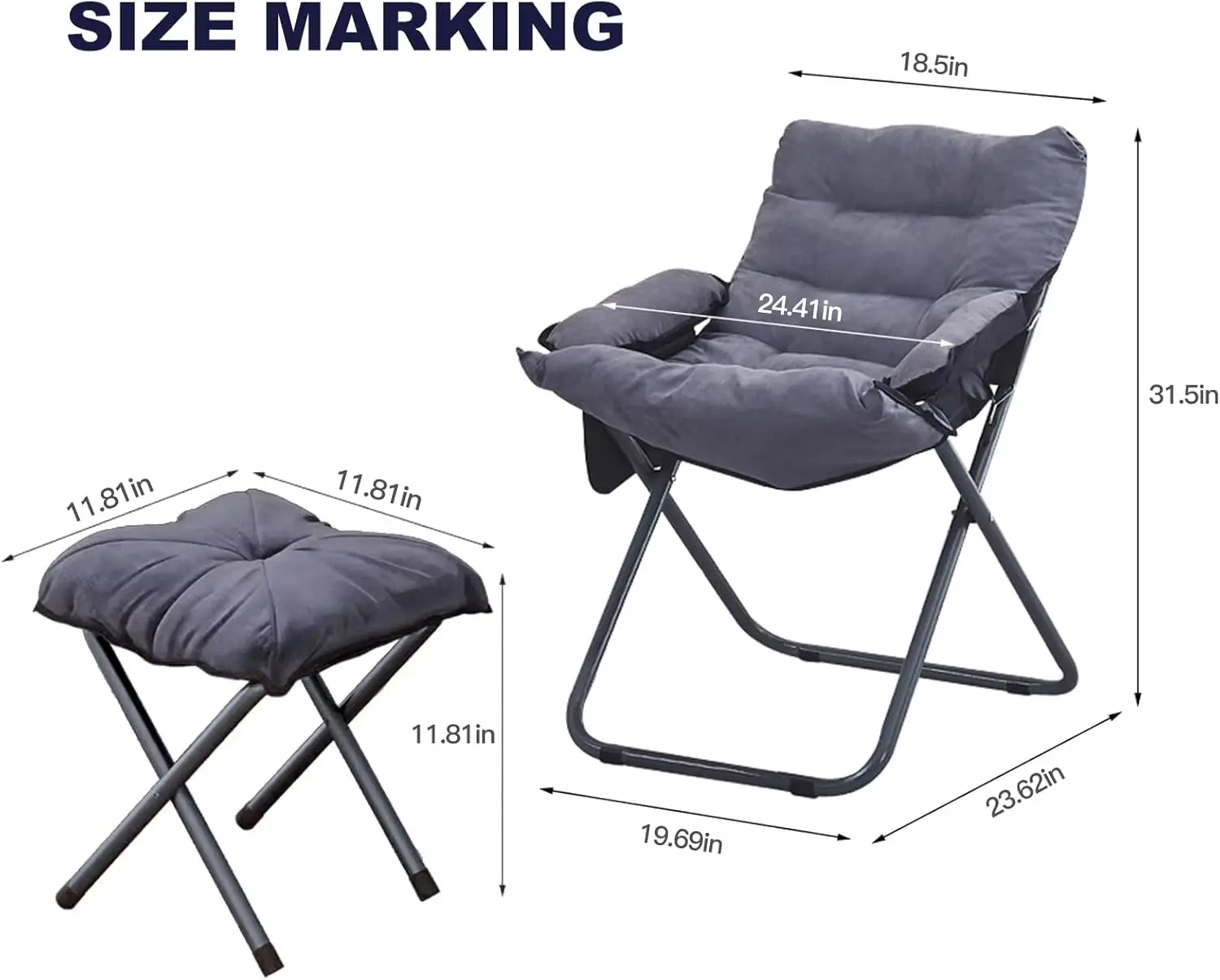 Folding Chair,Reading Chair for Kids Teens Adults, Metal Frame Lounge Chair for Living Room, Bedroom, Dorm, Grey