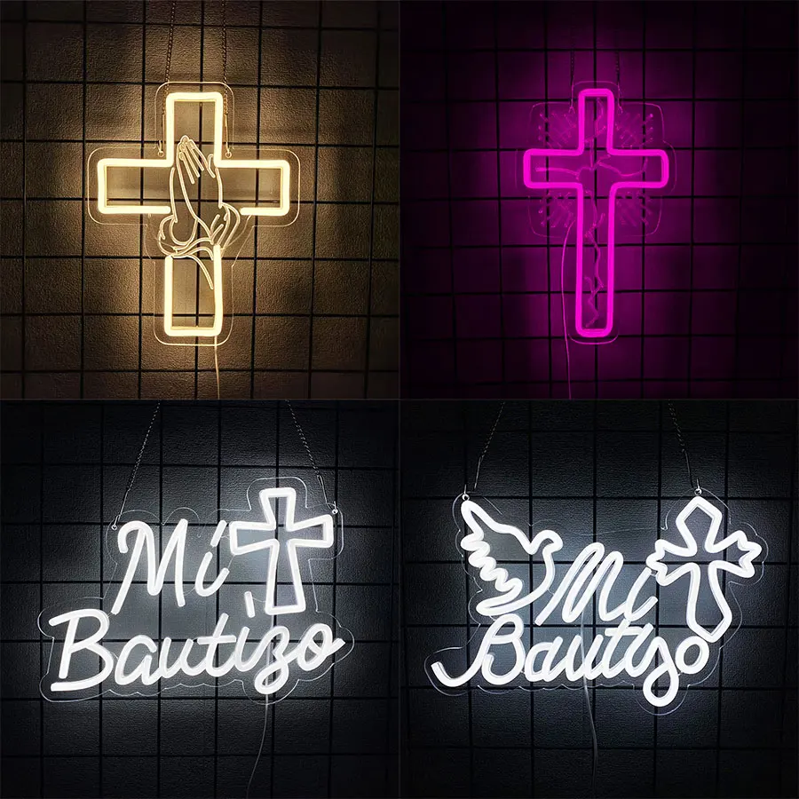 Mi Bautizo Led Neon Sign, 3D Carved Cross Icon Usb Powered, Bedroom Living Room Church Easter Wedding Background Art Decor.