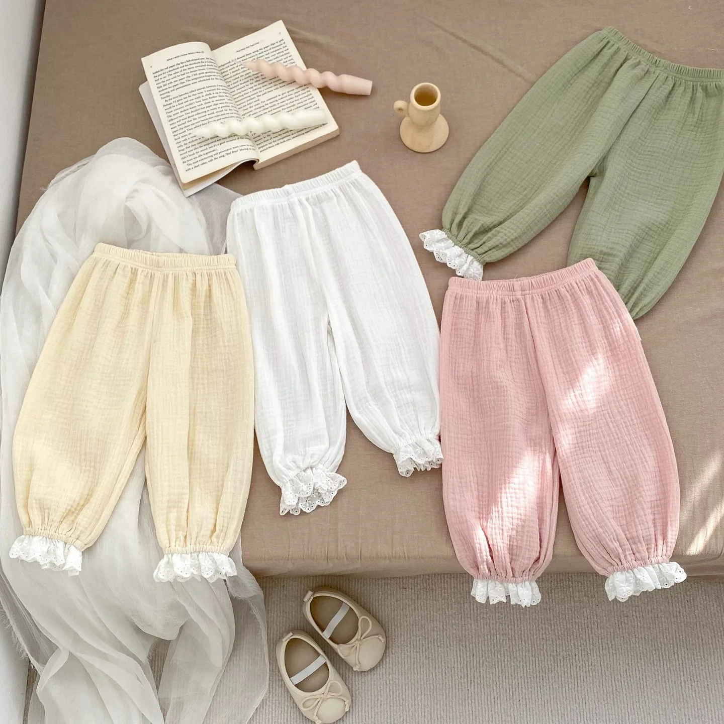 

Kids Pants Summer New Girls Baby Flower Edge Simplicity Solid Color Bilayer Mesh Yarn Trousers 2024 Simlpe Fashion Loose