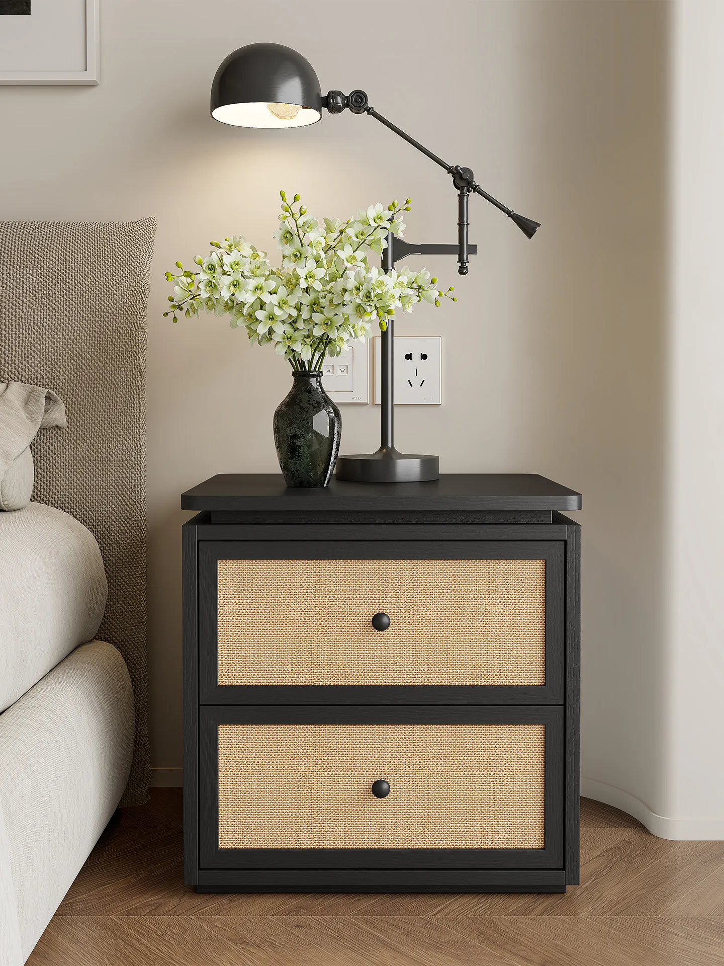 Solid wood medium ancient rattan cloth bedside table Italian retro two-drawer bedroom storage
