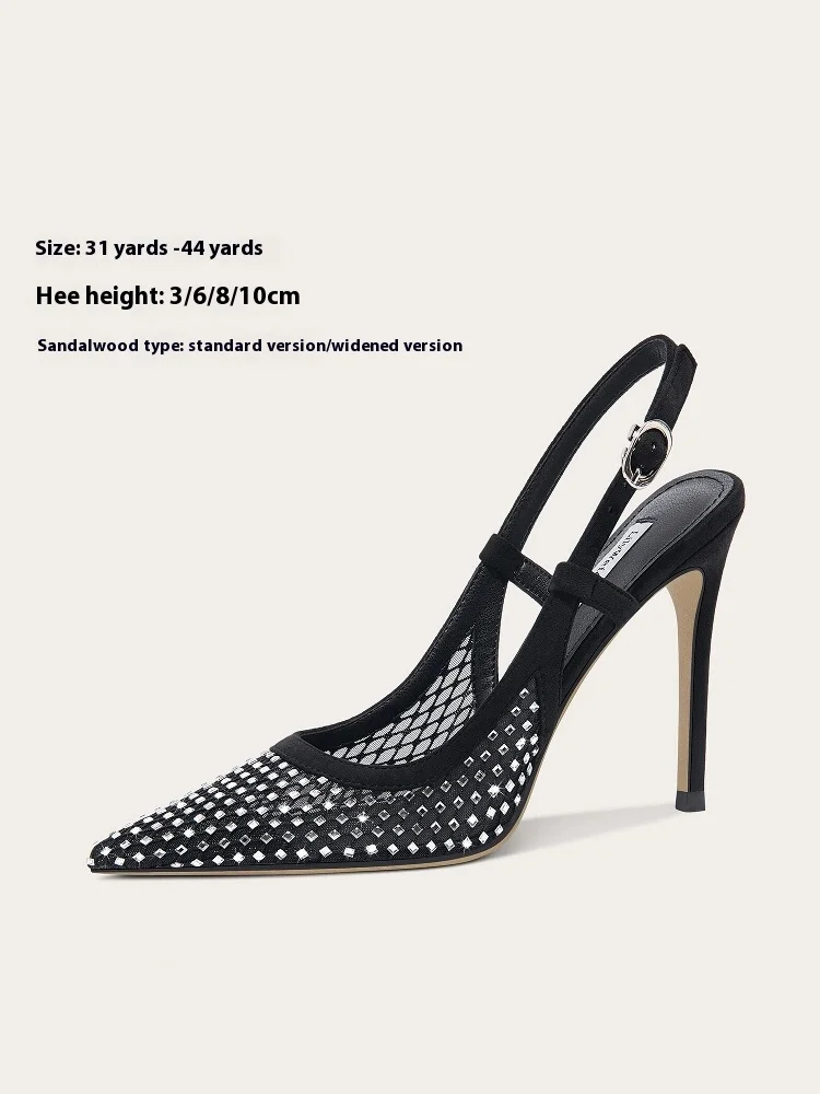 

Spring and summer new pointed toe rhinestone mesh low-heeled shoes thin high-heeled dress large size small size women's sandals