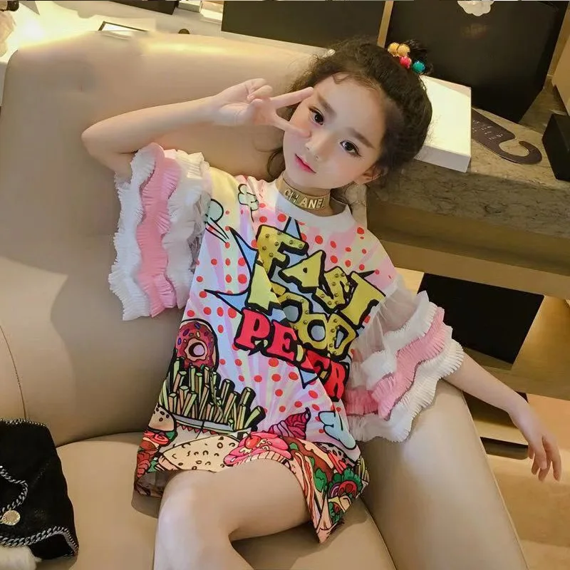 Dress Girl 2024 Summer New Korean Style Flare Sleeve Mid-Length Top Comfortable Cotton All-Matching Cute