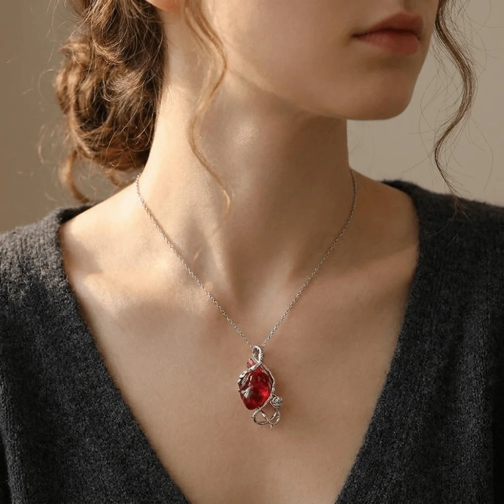Stainless Steel Heart Pendant Necklace Openable Coffin Dark Red Crystal Skull Choker Thorn Vine Flower Punk Skull