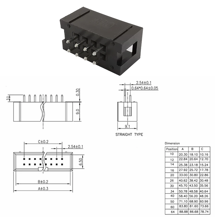 10Pcs DC3 2.54mm Pitch 6/8/10/14/16/20/26/30/34/40/50Pin Male Socket Straight IDC Box Headers PCB Connector Double Row Pinheader