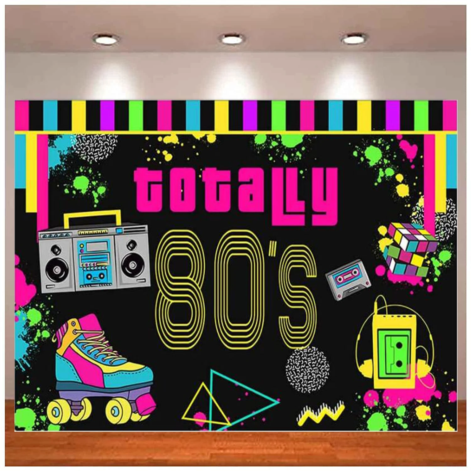 Photography Backdrop Retro Totally 80's Background Adult Birthday Party Decor Neon Glow Graffiti Cassette Tape Rubik's Supplies