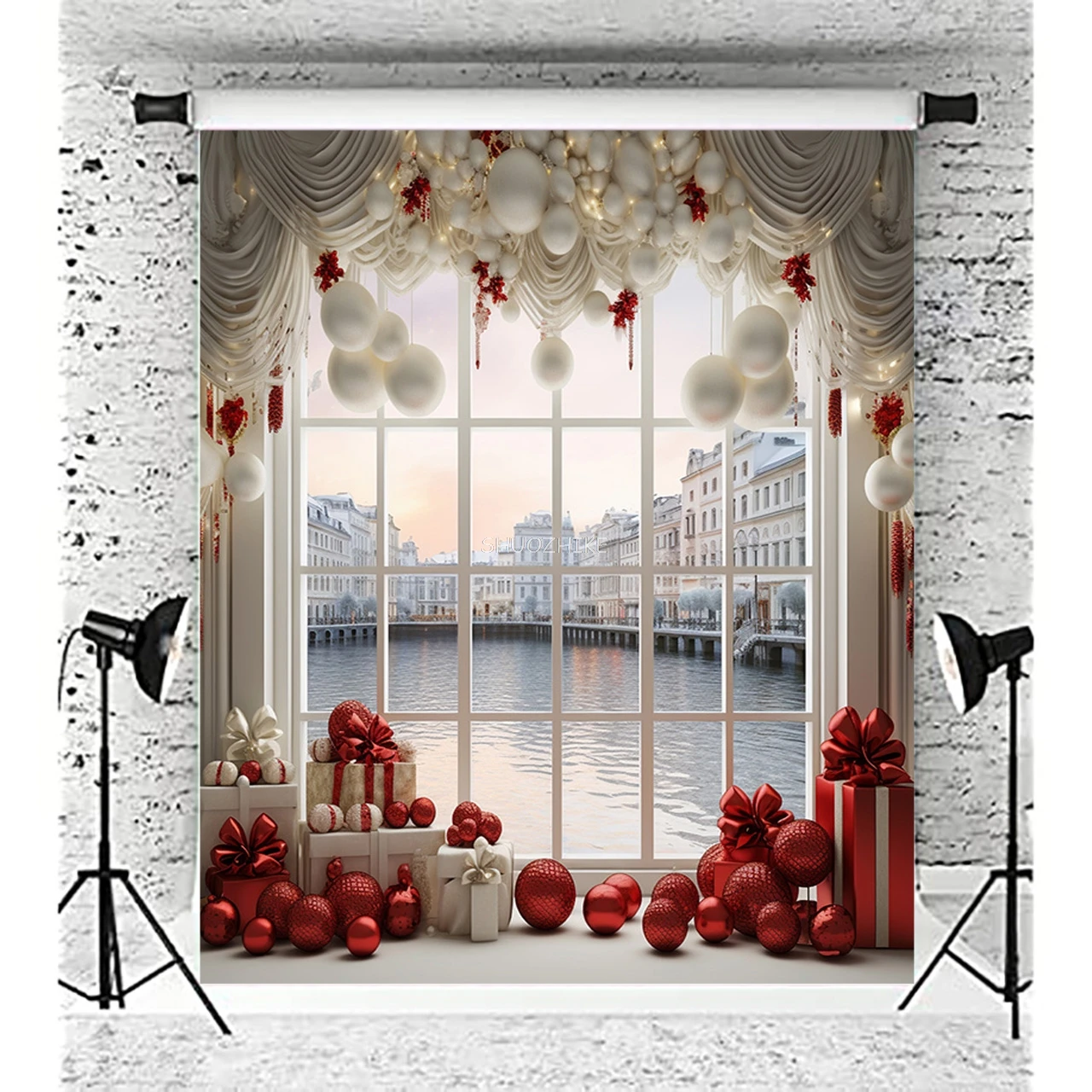 빈티지 크리스마스 날 사진 배경 소품 벽난로, 겨울 크리스마스 트리 장식, 꽃 화환 나무 문짝 배경 JL-01