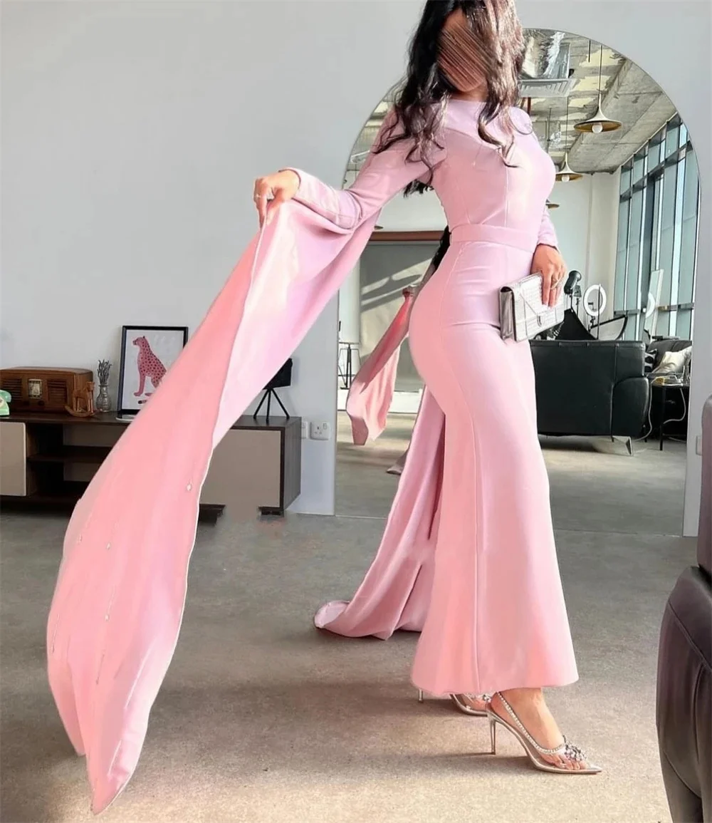 

Pink Party Long Sleeves Bespoke Occasion Gown Evening Dresses Pastrol Unisex Jersey Retro Dubai Saudi Arabic Prom Customized