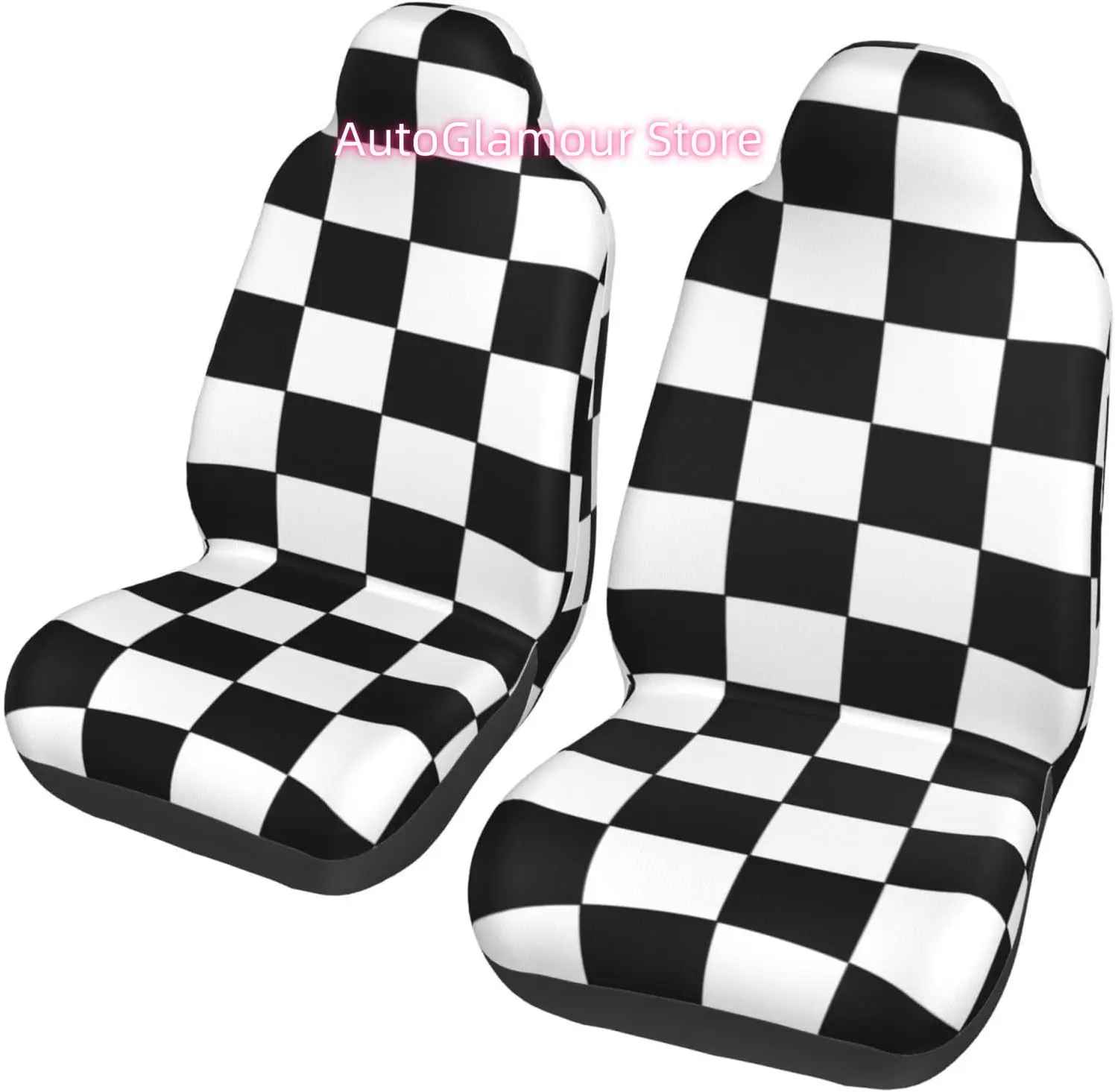 Checkered Black and White 2-Piece   Seat Cover Complete Set - Elastic Seat Protection Cover for Cars, Trucks, Suvs,