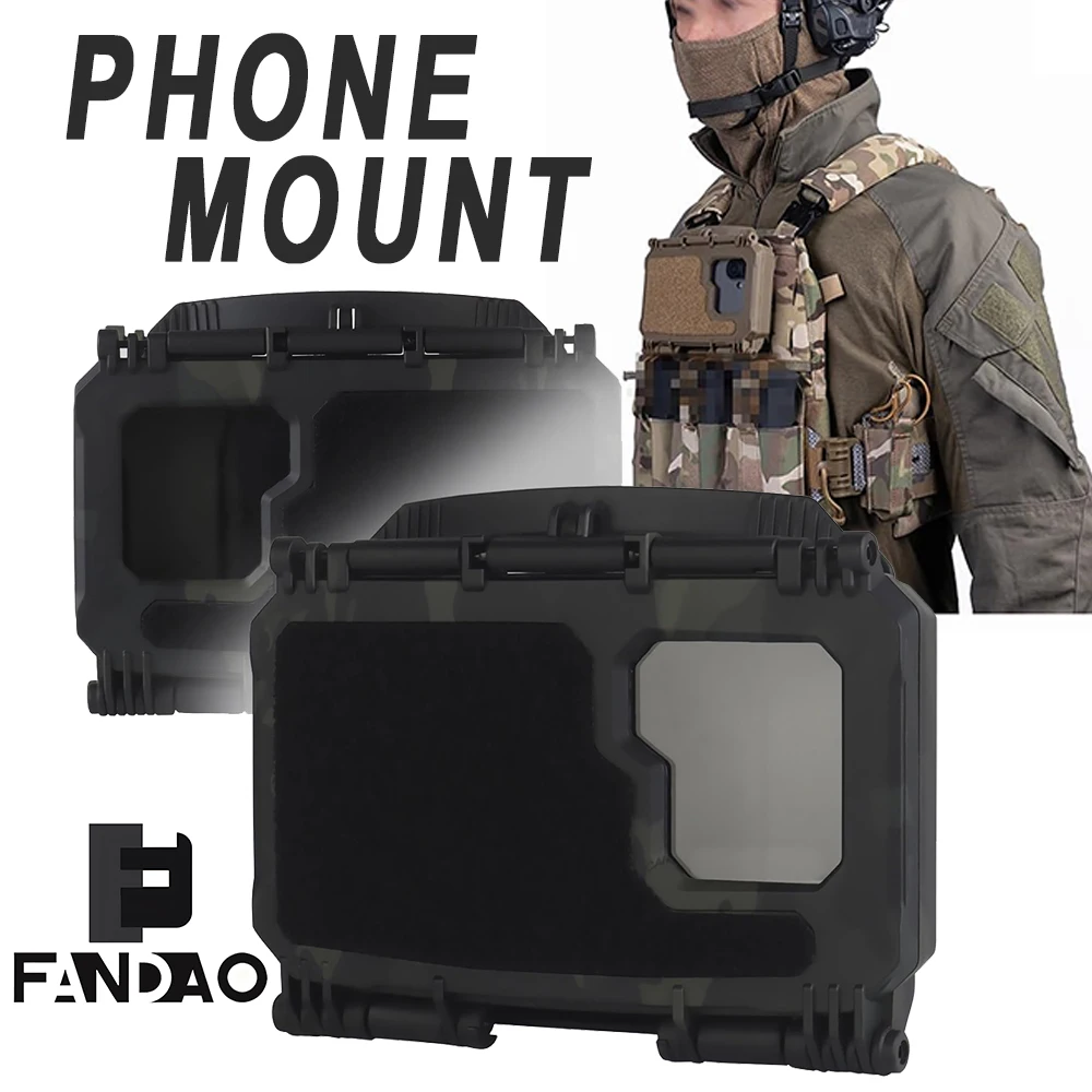 Tactical Phone Mount MOLLE Vest Plate Quick Release Flip Phone Holder with Integrated Phone Clamp Viewing Window for Smartphone
