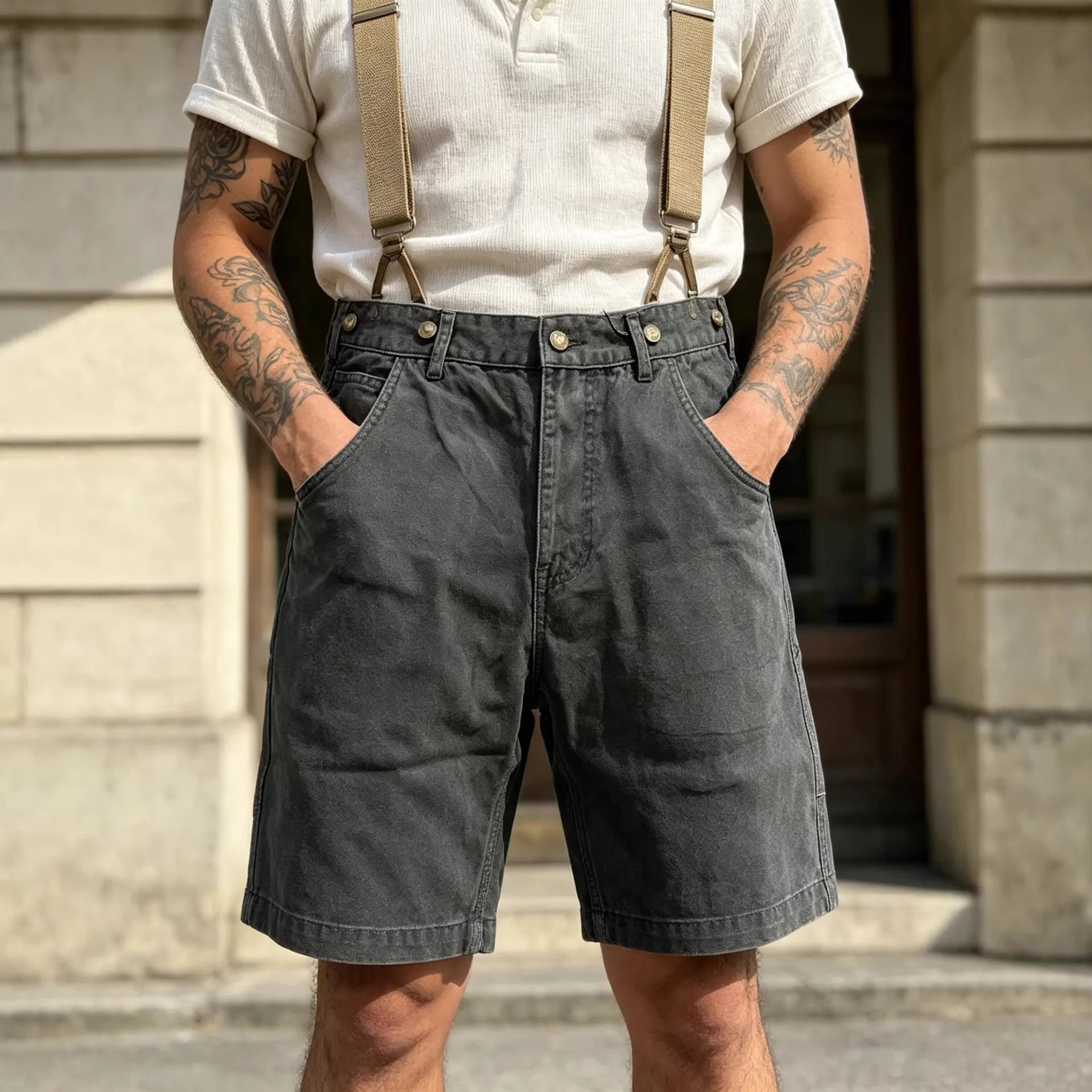 OKONKWO Men's Canvas Overalls Loose Fit Five-Point Shorts, Americana Style Motorcycle/Railway Multi-Pocket Cargo Shorts