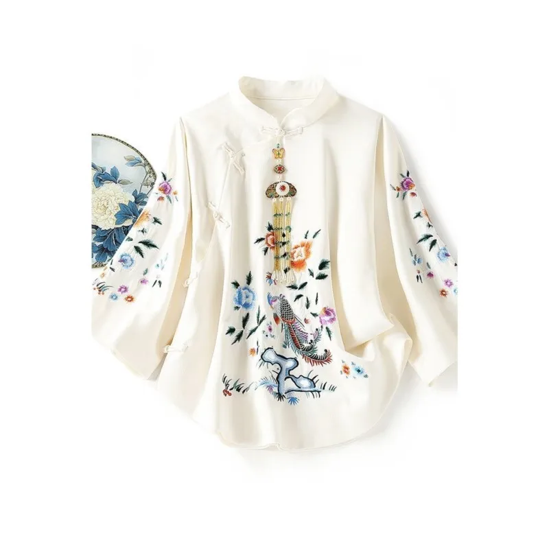 2023 New Pregnant Women's Embroidered Chinese Style Shirt Female Retro Loose Tang Suit Improved Qipao Top Maternity Top LF047